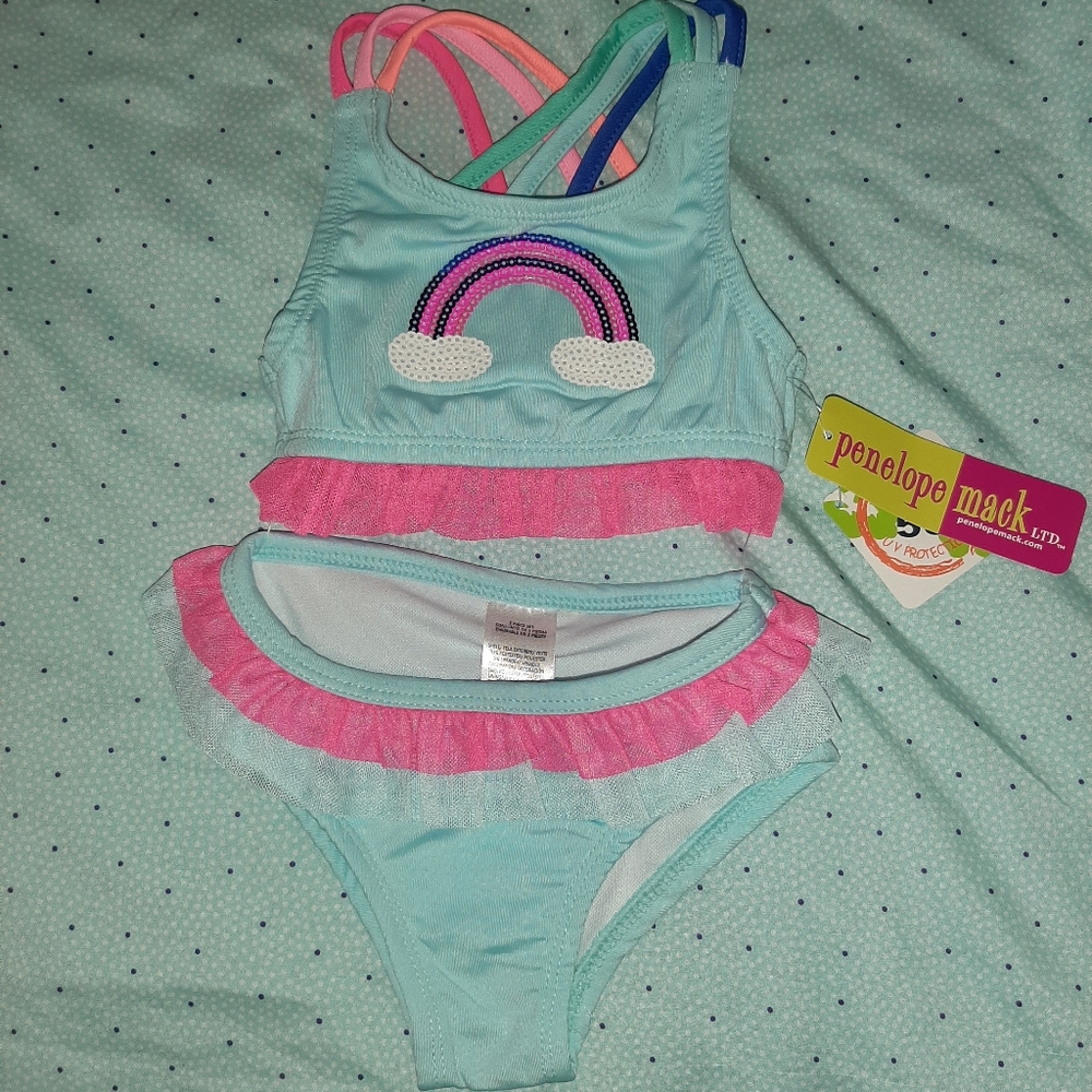 🆕️ Penelope Mack Two Piece Swimsuit Aqua Rainbow Bikini Toddler Girls 2T